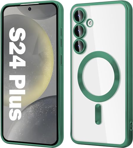 Pacciculn for Samsung Galaxy S24 Plus Magnetic 6.7 inch Clear Case Cover, Compatible with MagSafe, Built-in Camera Lens Protector, Luxury Plating Soft TPU Shockproof Slim Thin Cover-Green