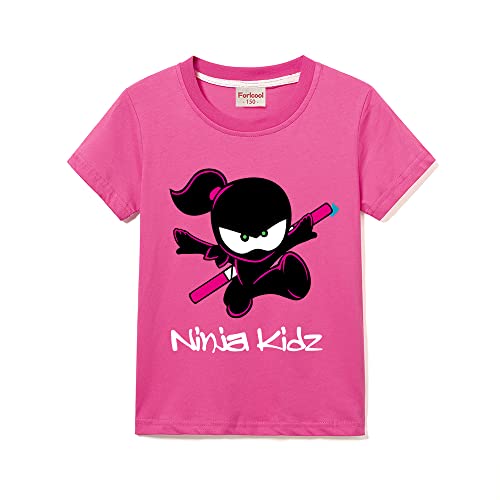 Ninja Kidz T-shirt d'été à manches courtes 100 % coton pour filles et garçons Couleur unie, rose rouge, 12-13 ans Cover