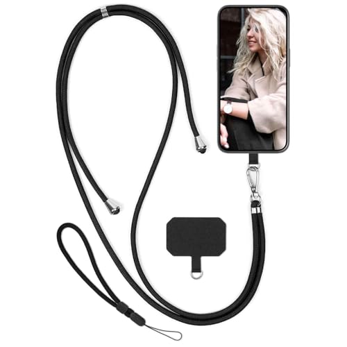 moex Unleash für BlackBerry Motion Handyband zum Umhängen ohne Hülle, Handykette Universal mit Karabiner, Handy Band abnehmbar, Kette mit Pad für Handyhülle, Schwarz, Silber