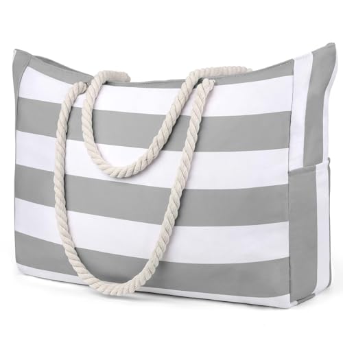 KPX Large Beach Bags Pool Bag, Zippered Beach Tote Bags, Cute Girls Oversized Swim GymBags for Travel, Gray Stripe