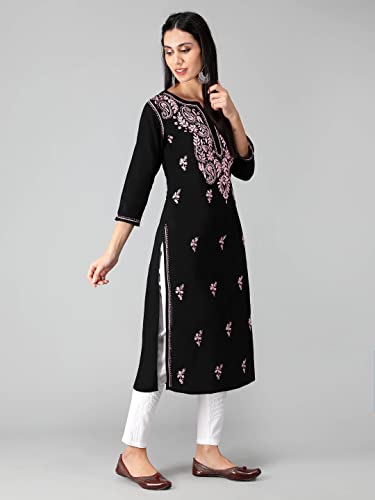Image of Seva Chikan Hand Embroidered Lucknowi Chikankari Regular Straight Cotton Kurta Kurti for Women SCL4243