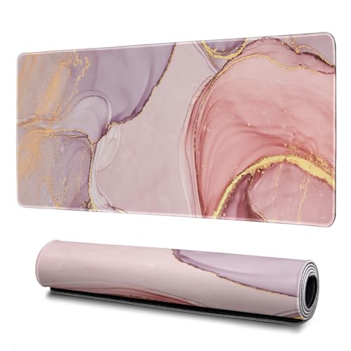 Rose Gold Marble Mouse Pad Abstract Marble Mouse Pad 31.5x11.8 Inch Texture Non-Slip Rubber Base Large Mousepad Stitched Edges Keyboard Mouse Mat Desk Pad for Office and Home