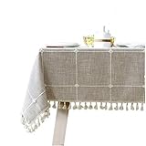Cotton Linen Rectangular Tablecloth Tassel Plaid Table Cloth for Dining Kitchen Room Tabletop Decora