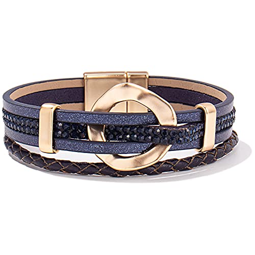 Fancy Shiny Leather Cuff Bracelet Circle Rhinestone Wrap Bracelet Stackable Multi Layer Wristband With Clasp Boho Jewelry Gift For Women(Navy Blue) #TOP22