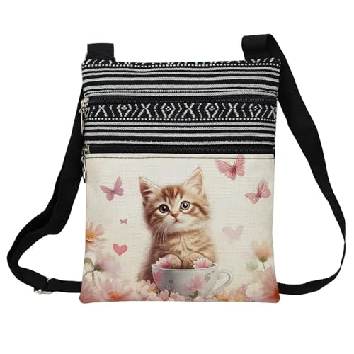 Butterfly Cup Cat Messenger Bag Small Ethnic Pattern Printed Adjustable Strap Crossbody Zipper Bag Butterfly Cup Cat Phone Bag Wallet Cute Shoulder Handbag for Women -1