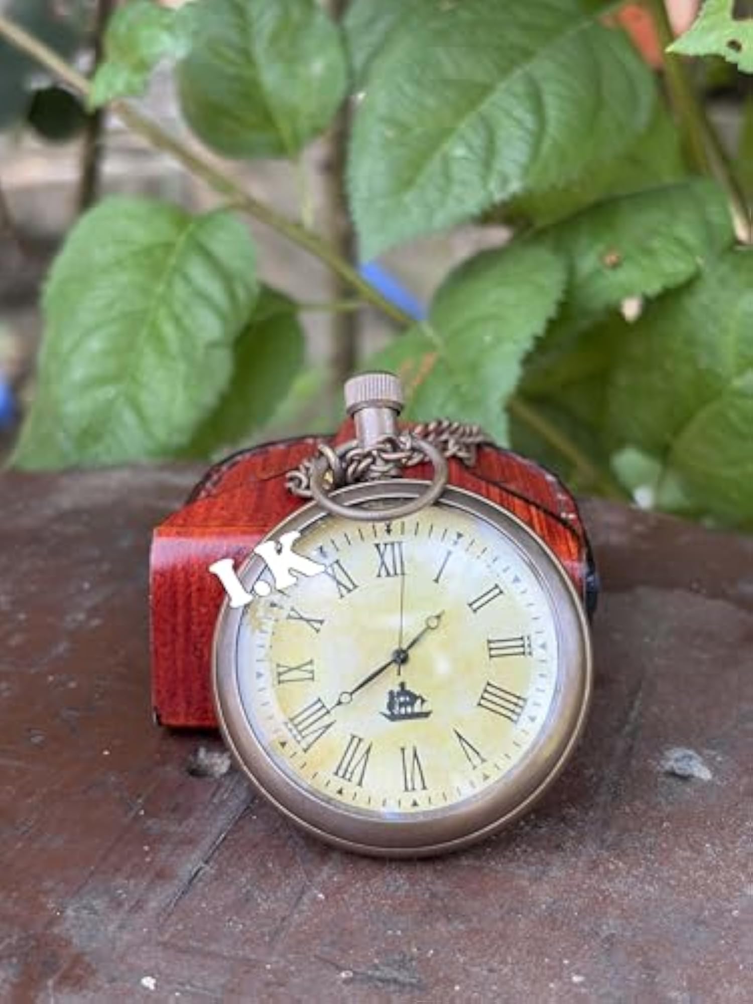 Vintage Brass Pocket Watch with Chain, Roman Numerals