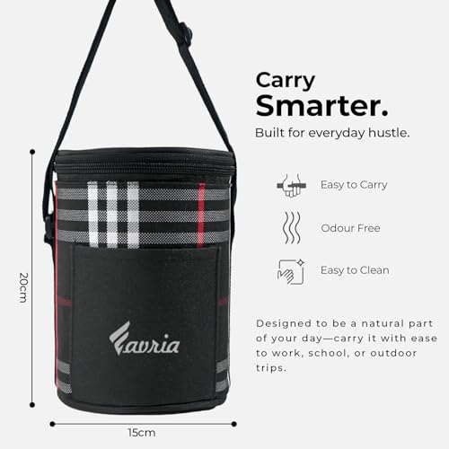 Image of Favria Insulated Lunch Bag for Office Use Men Women | Tiffin Lunch Box Carry Bag for School & College | Holds 3 Containers |Water Resistant Lunch Bag with Front Pocket & Strap (Round Black Lunch Bag)