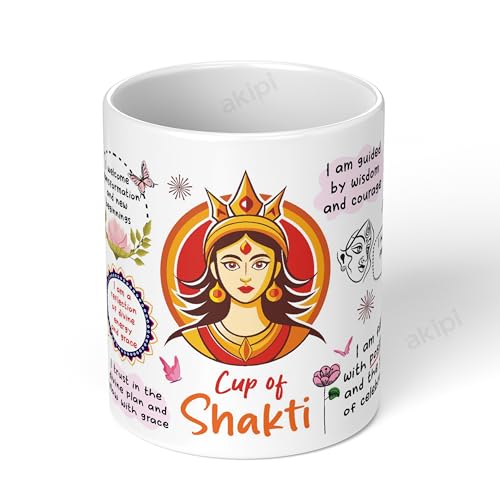 Image of Cup of Shakti Navratri Mug - 11oz Ceramic Coffee /Tea Cup with Goddess Durga Affirmations, Celebrate Feminine Energy & Inner Strength - Navratri Gift for Women, Sisters, Friends (ARM732)