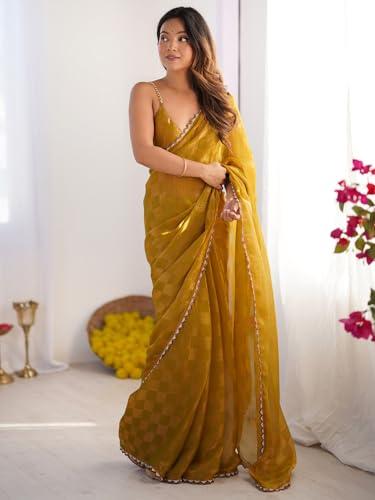 Image of AKHILAM Women's Chiffon Checkered Printed Saree With Unstitched Blouse Piece (AARYAN14602 KR Parent)