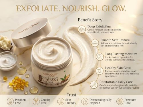 Image of MIRAME Look At Me Smooth & Bright Cream Body Scrub for Skin Brightening & De-Tan | Gentle Exfoliation & Smoothing Polish with Niacinamide & Shea Butter | Deeply Moisturizing Full Body Cleanser for Women & Men - 200 ml