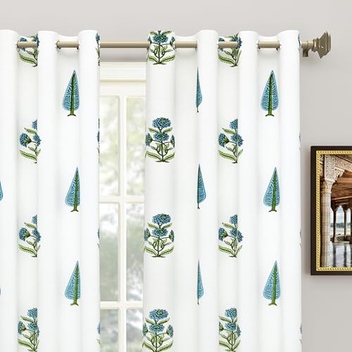 Image of BLOCKS OF INDIA Hand Block Printed Cotton Daylight Curtains with Eyelets | Blue Green Paisley, Door- 7 Feet (Pack of 2)