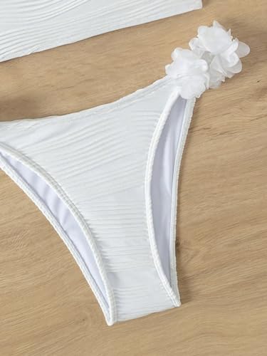 Image of SweatyRocks Girl's Cute 2 Piece Bathing Set Asymmetrical Neck Floral Decor High Cut Bikini Swimsuit White 8Y