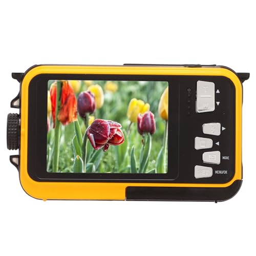 Phefop Cámara Digital Subacuática Full HD 2.7K 48MP, 10 Pies Impermeable Al Agua, Pantallas Duales Delanteras y Traseras, Zoom 16X, Graba Mientras Se Carga, Micrófono Incorporado para (Yellow)