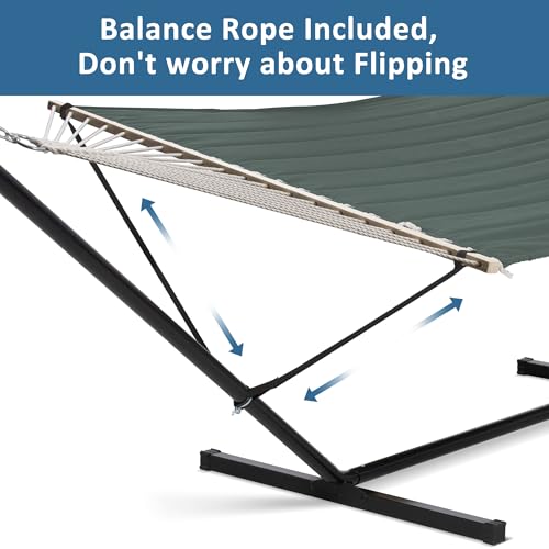 Image of SUNCREAT Hammocks Extra Large Double Hammock with 12 ft Stand, 475lbs Capacity, Outdoor Portable Hammock with Hardwood Spreader Bar, Extra Large Pillow, Gray Green
