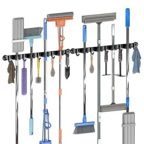 3-H Magnetic Broom Holder Wall Mount 1 Pack, 2-in-1 Dual Mount (No Drill or Screw Fix), 304 Stainless Steel Heavy Duty Magnet Mop Broom Organizer for Kitchen Garden Garage(4 Racks & 5 Hooks,Black)
