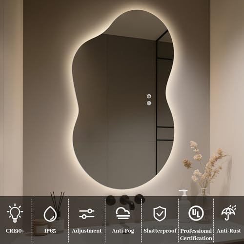 Image of WallBeyond 36 inchx24 inch Irregular LED Bathroom Mirror with Lights, Asymmetrical Backlit Vanity Mirror for Powder Room or Makeup Area, Dimmable & Anti-Fog, Dual Mounting
