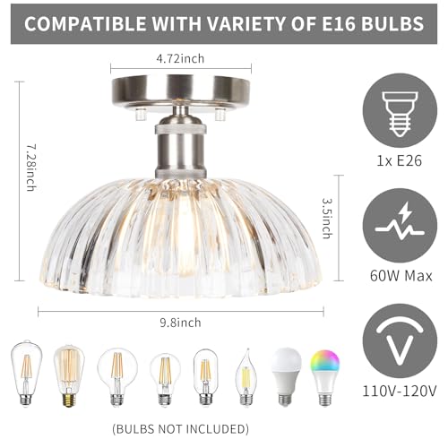 Image of JYZ Semi Flush Mount Ceiling Light, Brushed Nickel Ceiling Light Fixture with Ribbed Glass Shade, Vintage Light fixtures for Hallway, Entryway, Bathroom, Kitchen, Bedroom