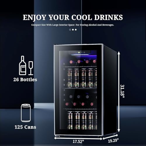Image of Antarctic Star 26 Bottle Wine Cooler /Cabinet Refrigerator Mini Wine Cellar Beer Soda Clear Glass Door Bar Fridge Quiet Compressor Adjust Temp Freestanding Indoor Use 3.0cu.ft Black