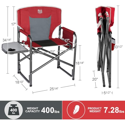 TIMBER RIDGE Lightweight Oversized Camping Chair, Portable Directors Chair with Side Table for Outdoor Camping, Lawn, Picnic and Fishing, Supports 300lbs (Red)