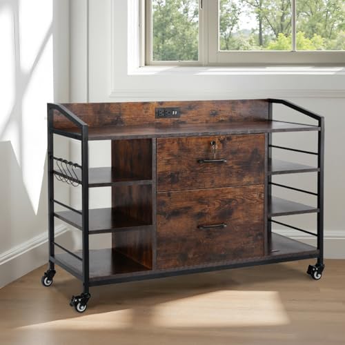Image of VEVOR 2 Drawers Metal File Cabinet, Lateral Filing Cabinet with Lock and 6 Open Shelves, Wooden Wide Filing Storage Cabinets with Power Strip for Letter, A4, Legal Size File, Easy Assembly, Brown