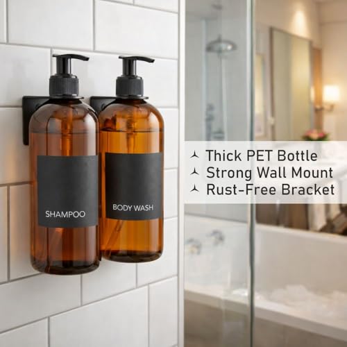 Image of Old Tree Refillable Shampoo and Conditioner Dispenser for Hotel Wall Mounted (Pack of 2, 500ML) | Black Metal Organizer with Plastic Bottles & Matte Black Pump | Dispenser for Bathroom & Kitchen