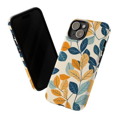 Coque iPhone 15 motif feuille colorée et finition brillante bleue
