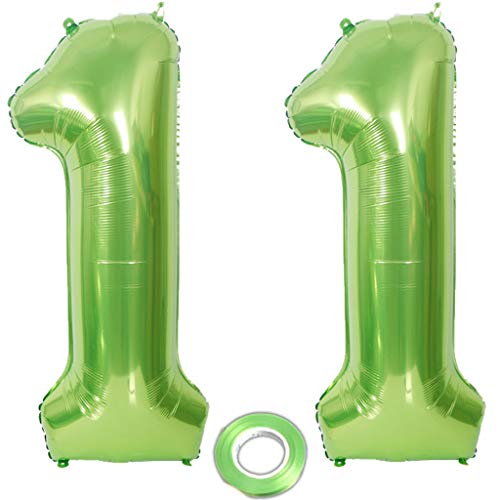 2 globos con el número 11, color verde, número 11, globos verdes para niña, globos con número 11, globos gigantes de 100 cm, globos de helio verde para decoración de cumpleaños