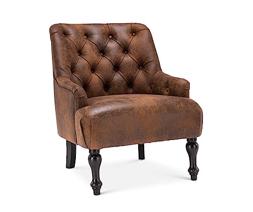 Antique Retro Chesterfield Buttoned Brown Faux Leather / Suede Occasional Accent Chair – Luxurious Single Armchair for Traditional Modern Small Spaces , Living Room Bedroom Conservatory Reading