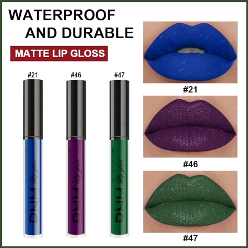 Image of evpct 3Pcs Dark Blue Emerald Green Purple Matte Liquid Lipstick Lip Stain Sets for Women Matte+Lipstick Long Lasting 24 hr Hours Magic Lipstick 24 Hours original Waterproof 21#