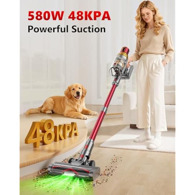 Cordless Vacuum Cleaner, 580W 48Kpa 65Mins Vacuum Cleaner for Home, Stand-Free Stick Vacuum, OLED Display, Auto Scrap Dust Tech, Lightweight, Anti-Tangle Vacuum Cordless for Woodfloor Carpet Pet Hair