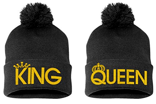 King & Queen, Pom Pom on Top Couple Matching, Warm & Stylish 12 inch Long Beanie When Unfolded