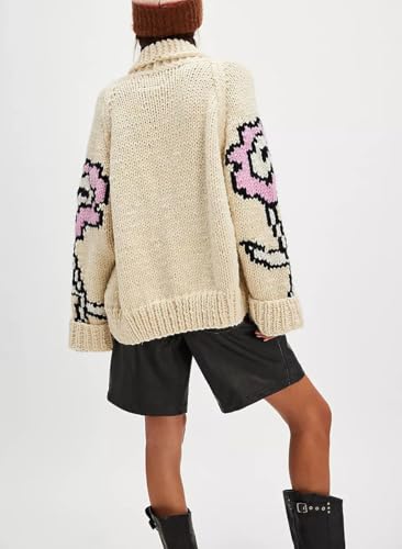 chouyatou Women's Fall Casual 2025 Floral Sweater Cardigans Oversized Button Down Chunky Knit Sweater Coatigan4