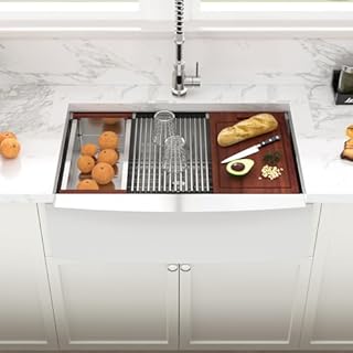 Sarlai 33 Farm Sink Stainless Steel - 33 x 22 Inch Farmhouse Kitchen Sink Ledge Workstation Apron Front Single Bowl 16 Gauge Stainless Steel Luxury Kitchen Farmer Sinks Basin