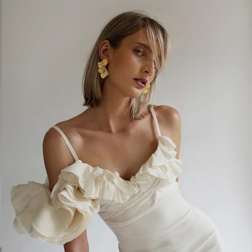 Chunky Gold Statement Earrings For Women Gold Plated Sectored Flower Leaf Shell Angel Wing Earrings Large Stud Earrings Hypoallergenic Earrings4