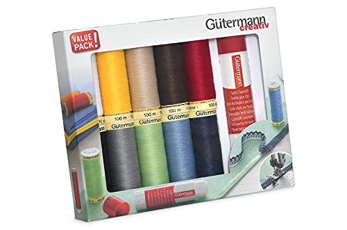 Gütermann creativ Kit de fil à coudre avec 10 bobines de fil Pour Tout Coudre 100 m dans différents coloris + un stick de fixation pour tissus Cover