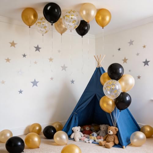Image of 60Pcs Black Gold Balloons, 12 Inch Confetti Balloons for Party Decorations | Black, Gold, Champagne & Confetti Balloons Kit Create an Elegant Party Setup for Birthdays, Weddings, Graduations & Events