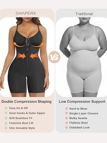 Image of SHAPERX Women's Shapewear Bodysuit Tummy Control Seamless Zip-Up Body Shaper Waist Defining Silhouette