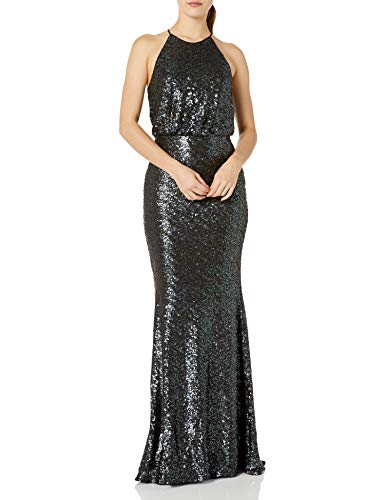 Badgley Mischka Women's Petite Sequin Halter Blouson Gown, Navy Multi, 8