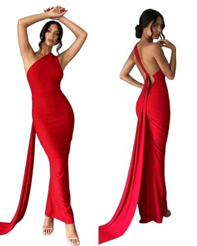 Image of Suillty Women's Sexy Oblique Shoulder Backless Maxi Dress Ruched Back Strap Sleeveless Party Club Long Dresses Bodycon