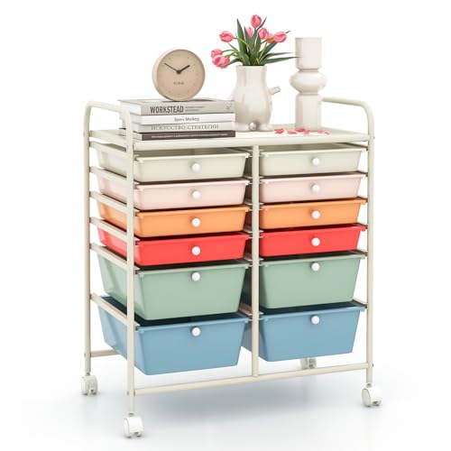Image of LDAILY 12 Drawer Rolling Storage Cart, Craft Cart Organizer on Wheels w /Metal Frame, Large Capacity & Smooth Drawer, Rolling Cart w /Drawers for Classroom, Office