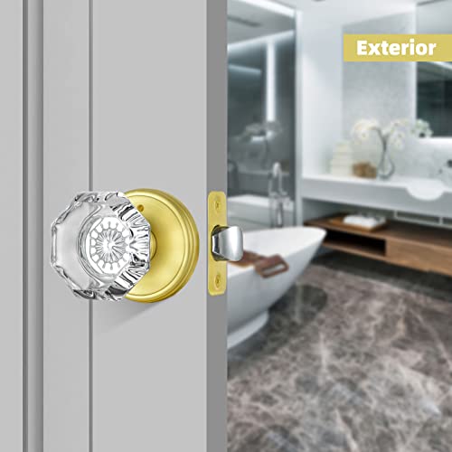Clctk Gold Door Knob With Lock, Octagon Crystal Glass Door Knobs For Interior Door, Privacy Function Bathroom Bedroom Door Knobs Interior, Satin Brass Finish #TOP3