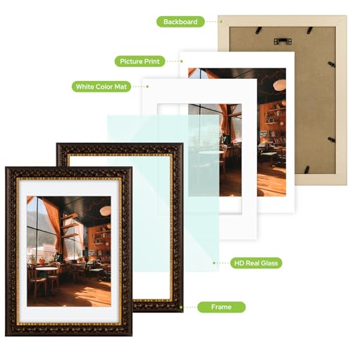 Image of Golden State Art, 10X14 Ornate Finish Photo Frame With White Mat for 8.5x11 Picture & Real Glass, Color: Dark Brown With Gold
