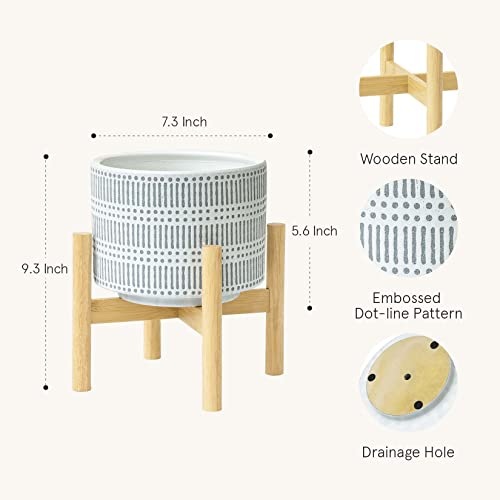 Image of LA JOLIE MUSE Ceramic Plant Pot with Wood Stand - 7.3 Inch Modern Round Decorative Flower Pot Indoor with Wood Planter Holder, Slate Blue and White