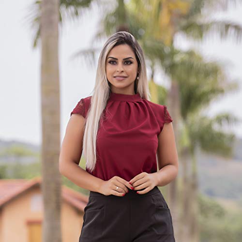 Blusa Feminina Social Manga Curta Detalhe Renda E Tule (P/36-38, marrom)