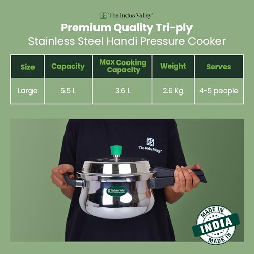Image of The Indus Valley Triply Stainless Steel 5.5 Litre Pressure Cooker Outer Lid | Handi pressure cooker| Induction Friendly | ISI-Certified, Nonstick 3-Layer Body, 100% Pure & Toxin-Free, 5 Years Warranty