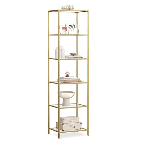 Vasagle Bookcase, 6-Tier Bookshelf, Slim Shelving Unit For Bedroom, Bathroom, Home Office, Tempered Glass, Steel Frame, Gold Color Ulgt500A01 #TOP9