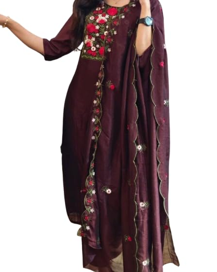 Image of Women's Embroidered Floral Kurta Set, Emerald with Red Roses, 3 /4 Sleeve (in, Alpha, 2XL, Regular, graphe)