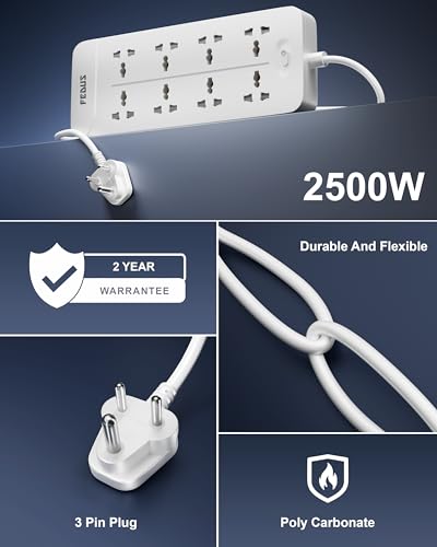 Image of FEDUS Surge Protector, 8 Universal Sockets with MOV, OLP Protection, 5 Meter 16 Feet Long Cable, Extension Board Cord, Automatic Overload Protection, Fireproof Power Strip Switch Board, Spike Guard