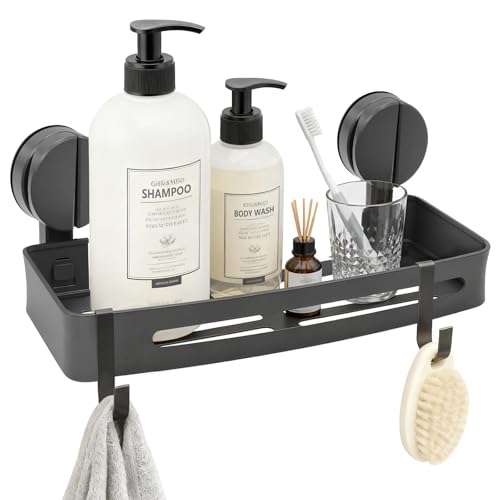 Flying Pottery Estanteria Baño, Estante Ducha sin Taladro con 2 Ganchos, Organizador Ducha Ventosas, Estantería baño para Champú y Gel (Gris)