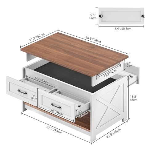 DWVO Farmhouse Living Room Coffee Table: 3-in-1 Game & Puzzle Table with Play Mat, 4 Drawers, Power Outlet, Removable Top Walnut